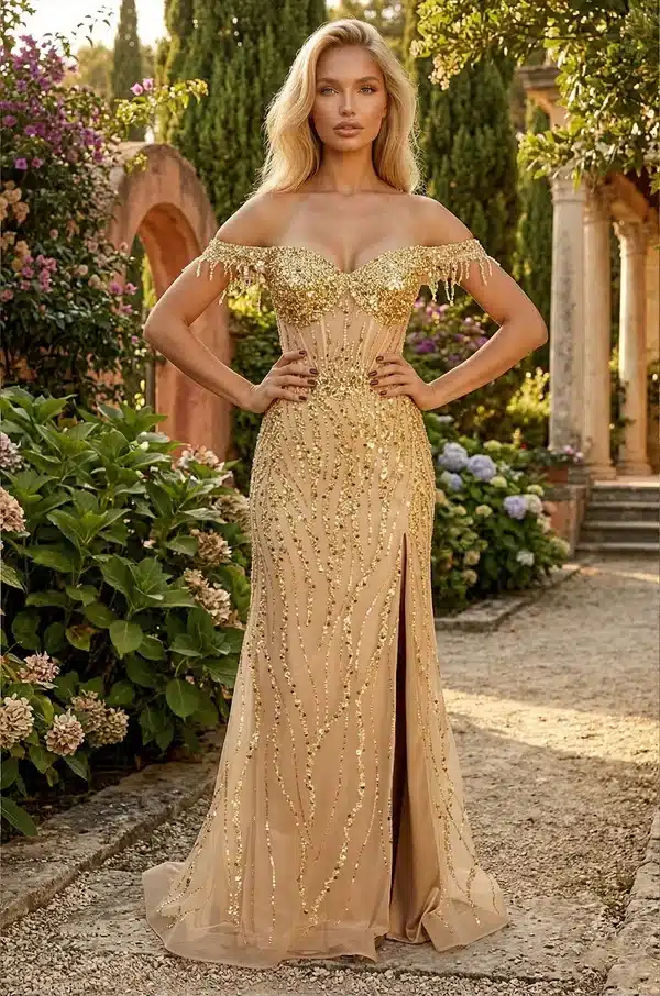 Fitted Off Shoulder Sequin Prom Formal Dress